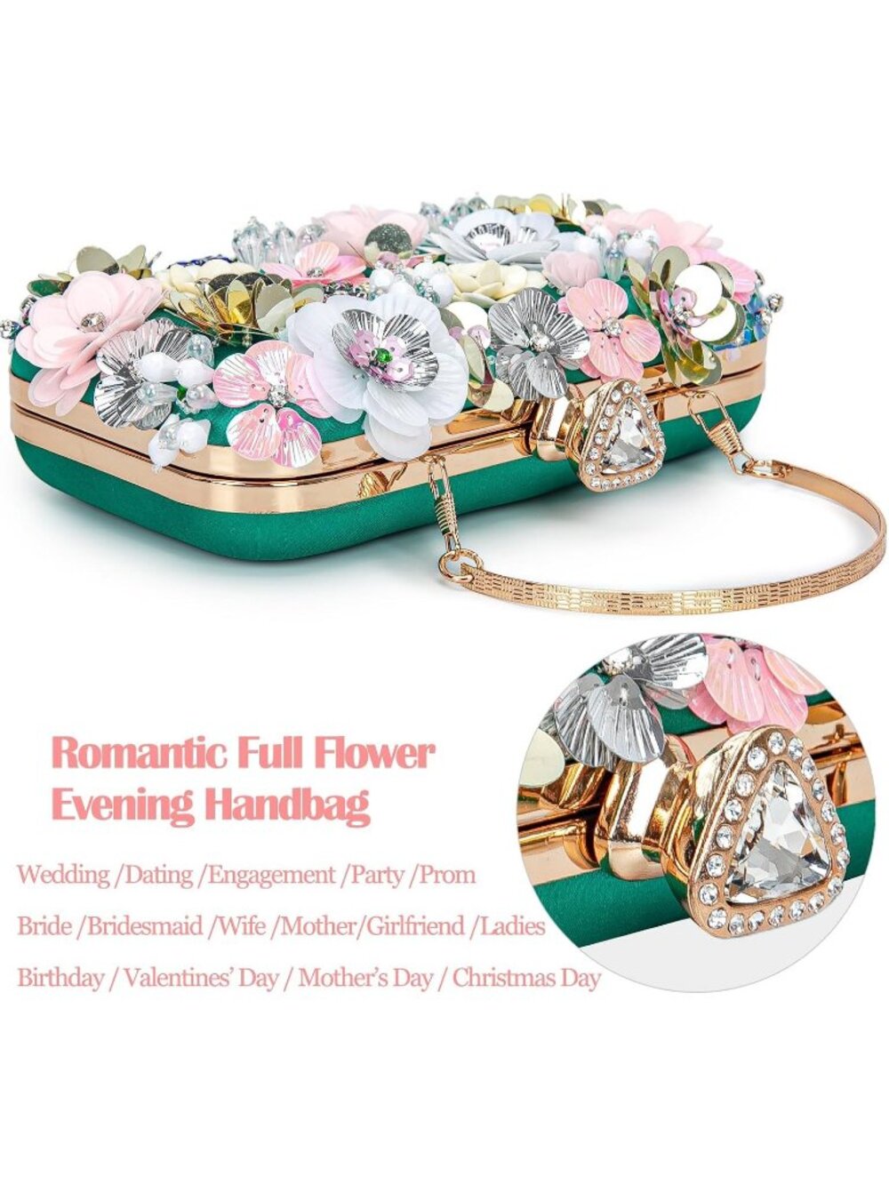 Women's Green Floral Beaded Chain Strap Party Prom Clutch Purse Evening Bag - Picture 3 of 7
